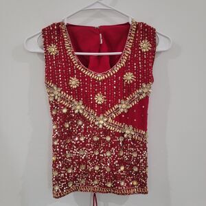 Womens Top Size Xs Red Beaded‎ Elegant Sequin India Glam